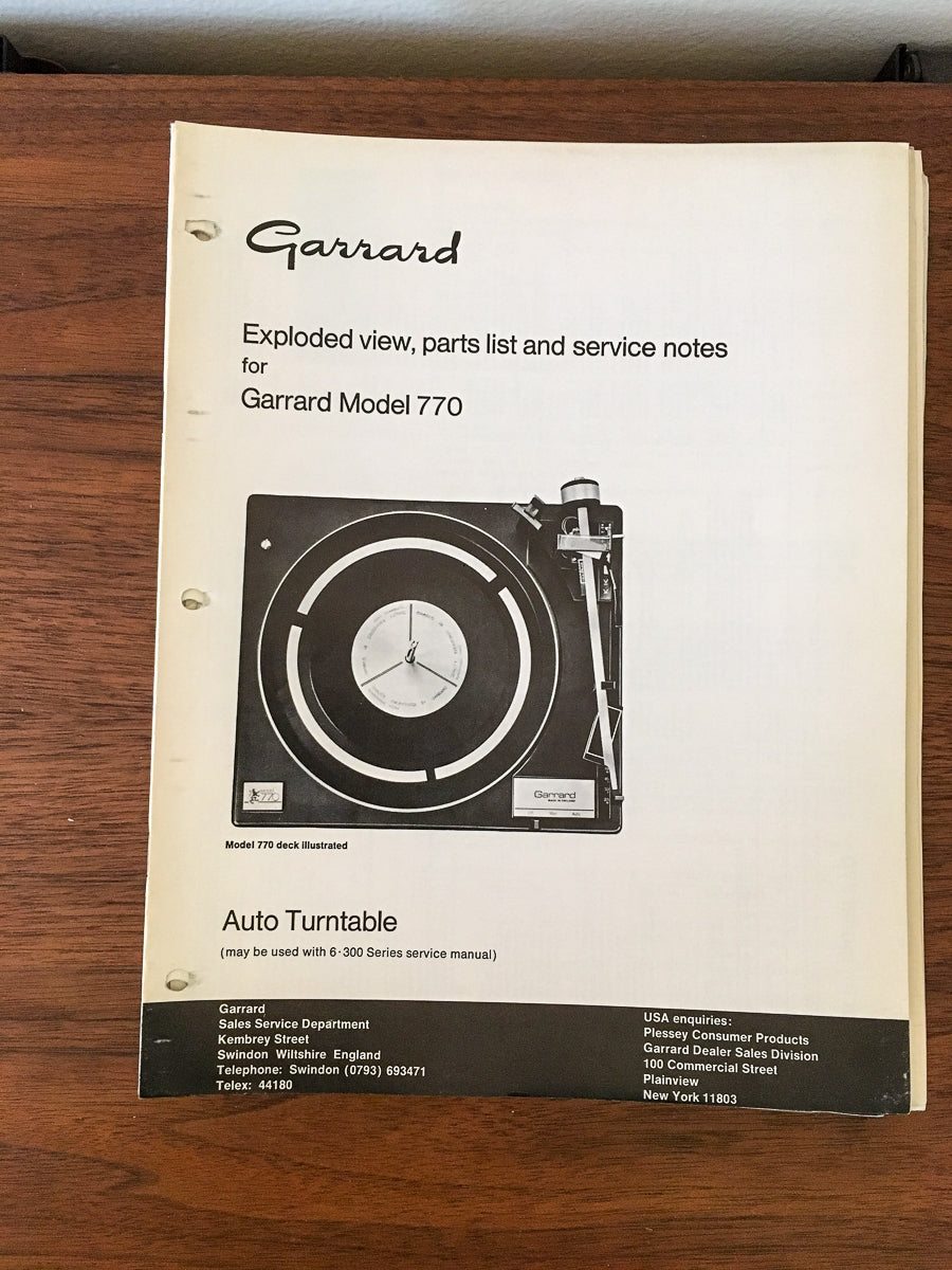 Garrard Model 770 Turntable Service Manual *Original*