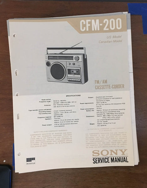 Sony CFM-200 Radio Cassette Recorder Service Manual *Original*