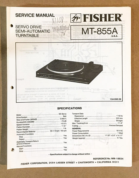 Fisher MT-855A MT-855 A Record Player / Turntable Service Manual *Original*