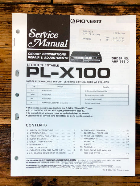 Pioneer PL-X100 Record Player / Turntable  Service Manual *Original*