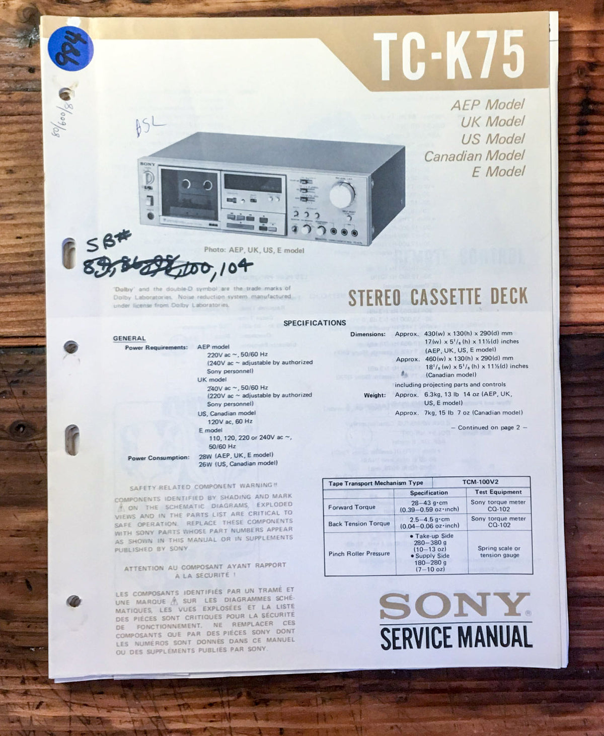 Sony TC-K75 Cassette Deck  Service Manual *Original*