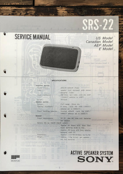 Sony SRS-22 Speaker  Service Manual *Original*