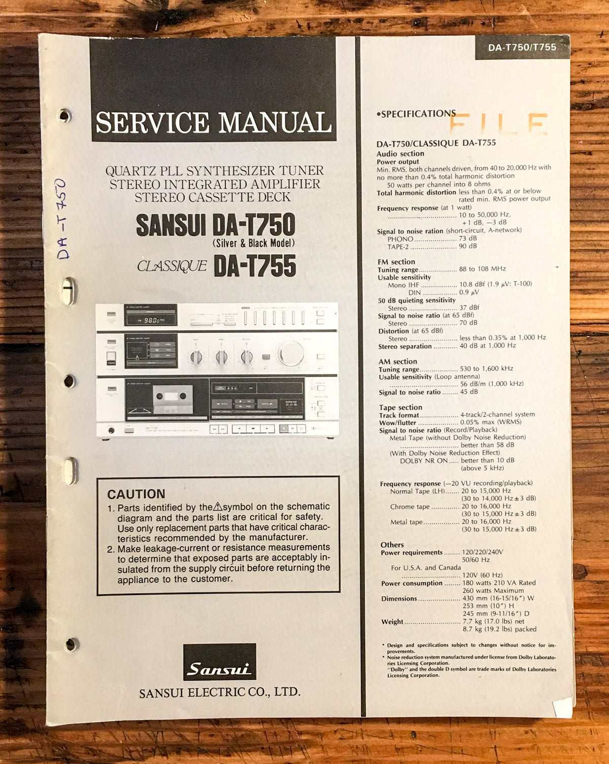 Sansui DA-T750 DA-T755 Stereo Cassette  Service Manual *Original*