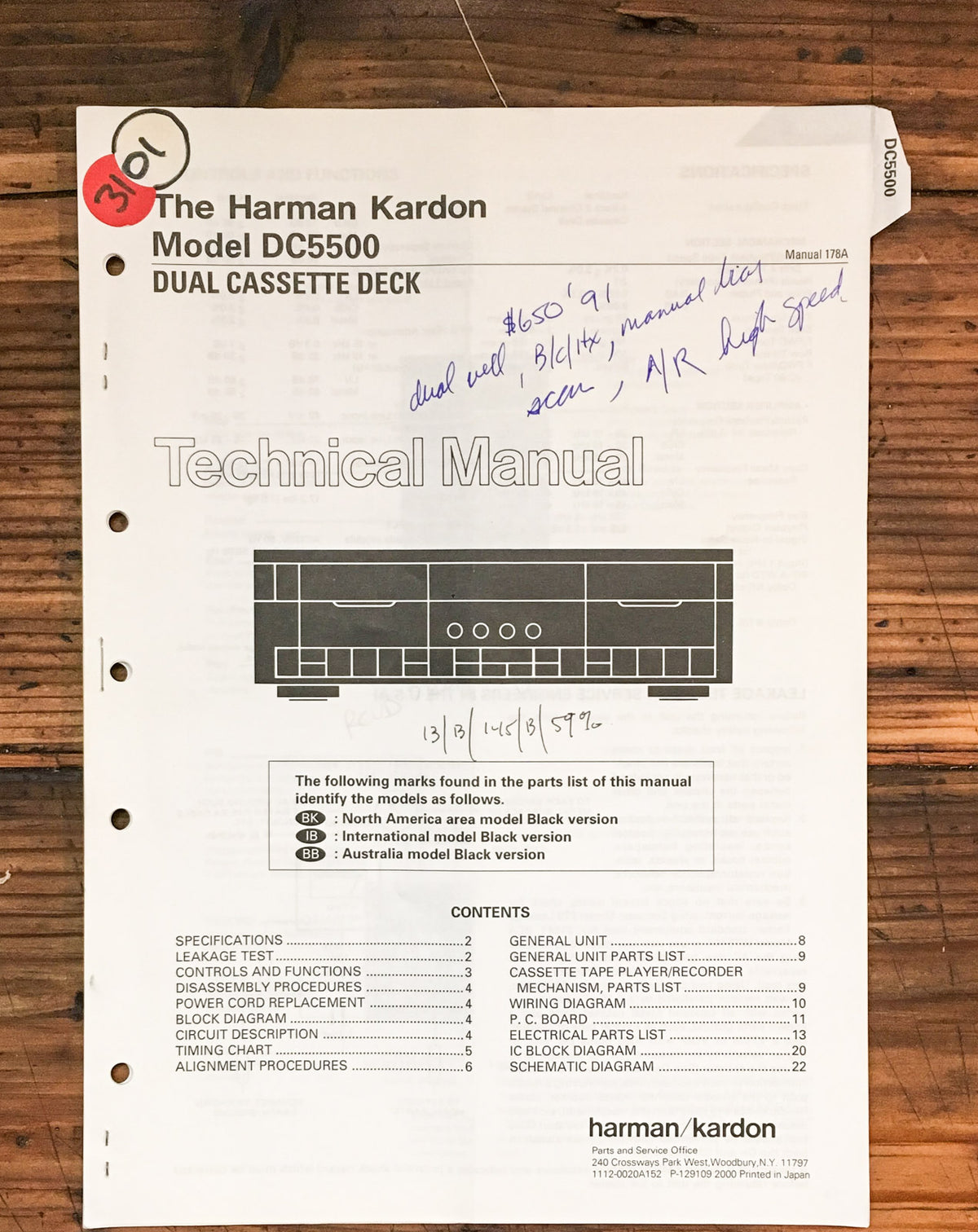 Harman Kardon DC5500 DC 5500 Cassette  Service Manual *Original*