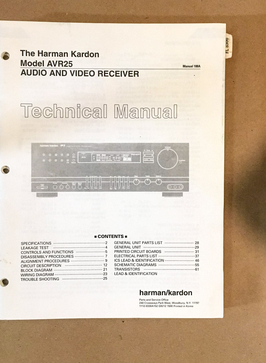 Harman Kardon AVR25 Receiver Service Manual *Original*