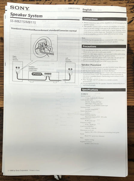 Sony SS-MB215 SS-MB115 Speaker  Owner / User Manual *Original*