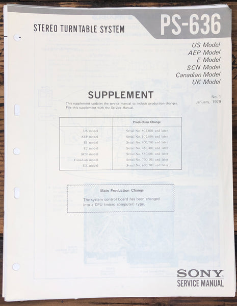 Sony PS-636 Record Player / Turntable Supp. Service Manual *Original*