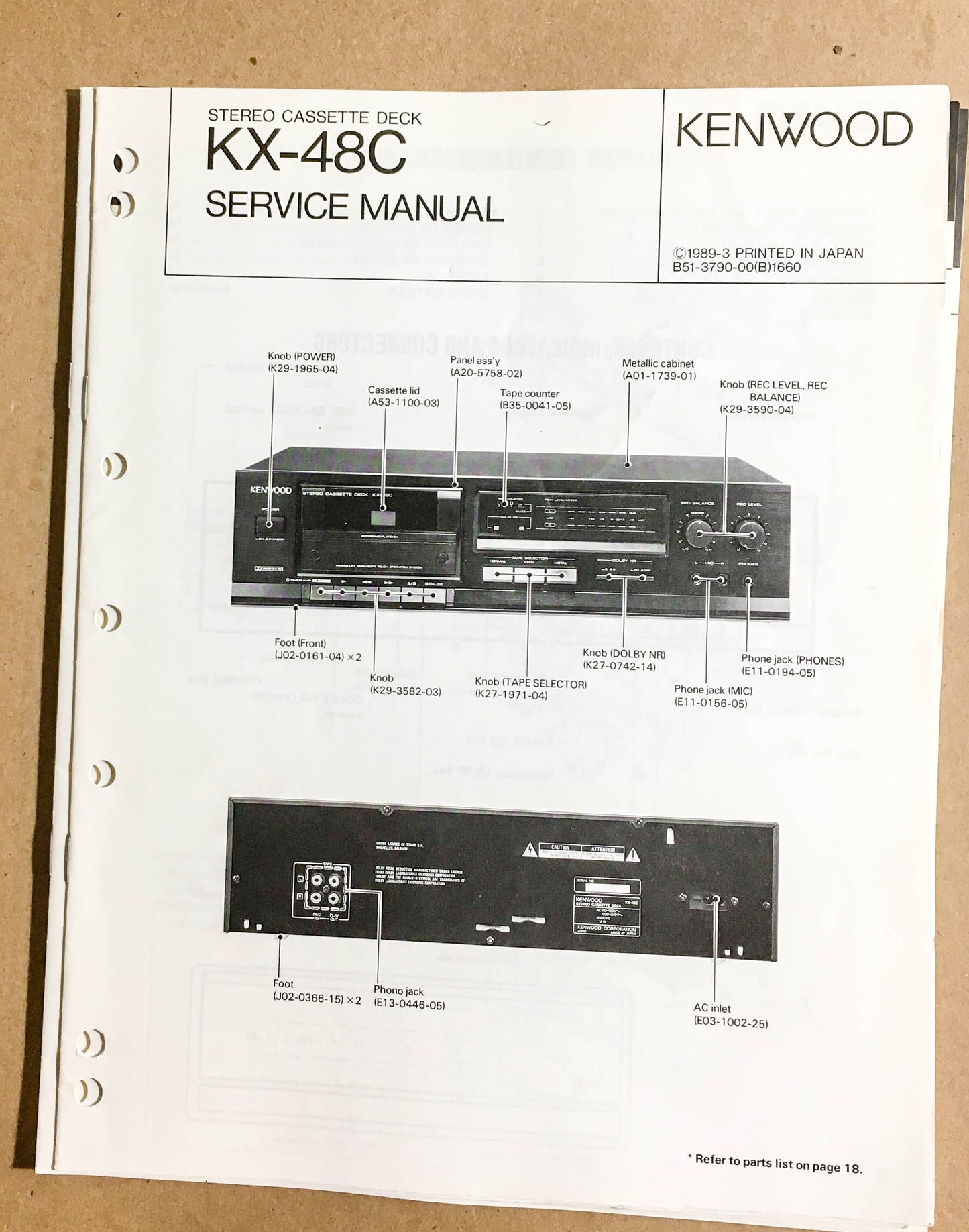 Kenwood KX-48C Cassette Tape Deck  Service Manual *Original*