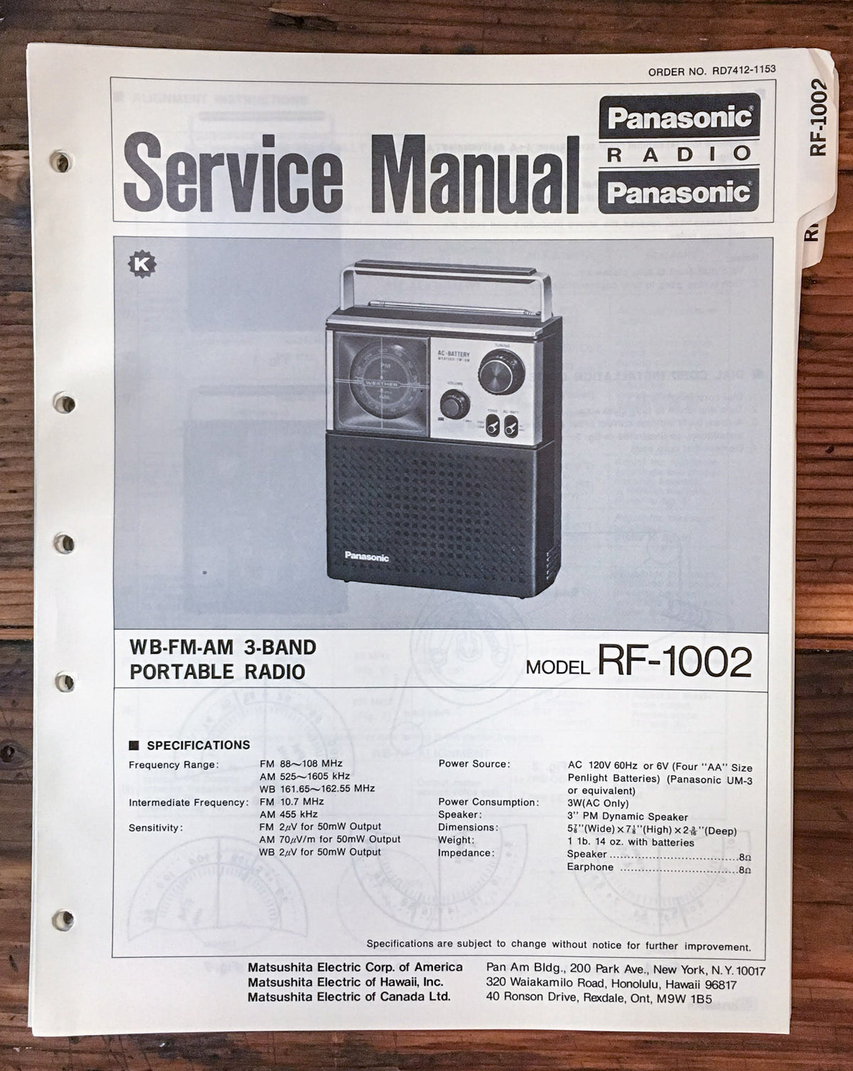 Panasonic RF-1002 Radio  Service Manual *Original*