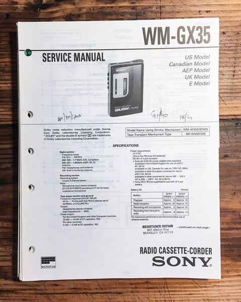 Sony WM-GX35 Cassette Player  Service Manual *Original*