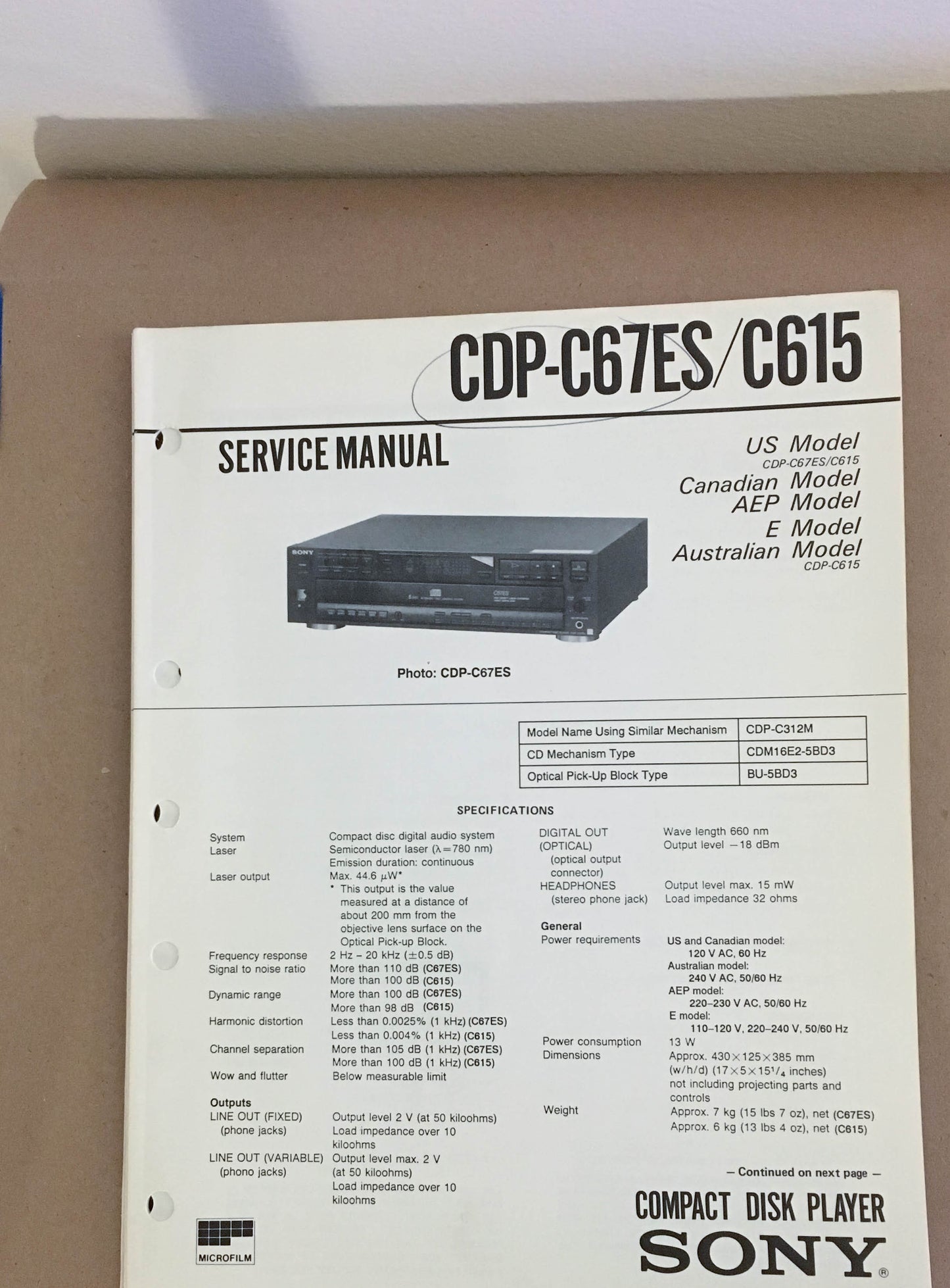 Sony CDP-C67ES C615  CD Player Service Manual *Original*