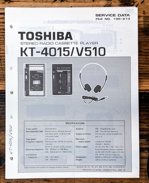 Toshiba KT-4015 KT-V510 Cassette Player Service Manual *Original*