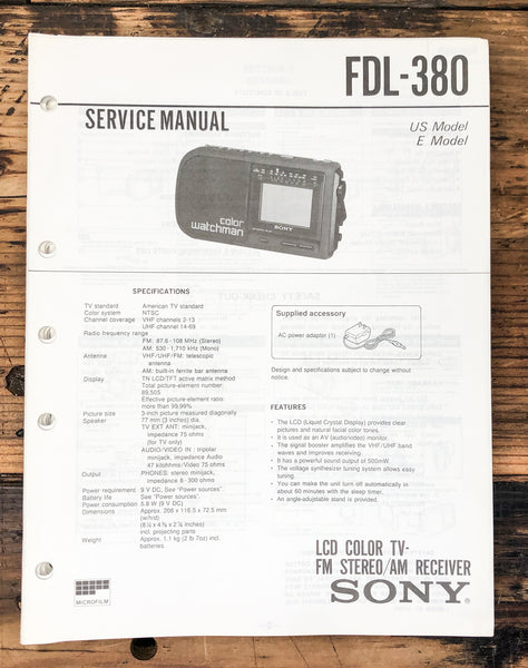 Sony FDL-380 TV Tuner  Service Manual *Original*