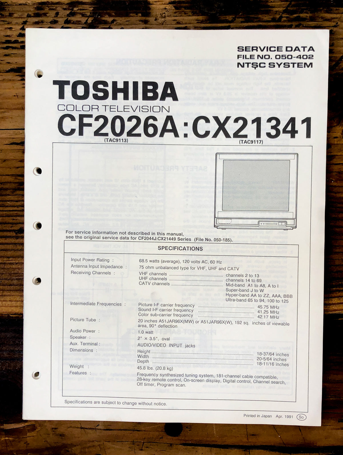 Toshiba CF2026A CX21341 TV  Service Manual *Original*