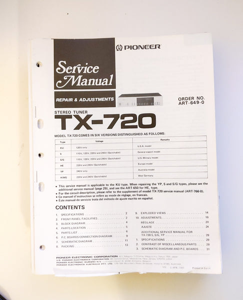 Pioneer TX-720 Tuner Service Manual *Original*