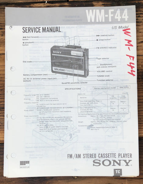 Sony WM-F44 Cassette Player  Service Manual *Original*