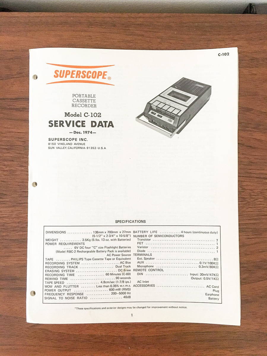 Superscope / Marantz C-102 Cassette Service Manual *Original*