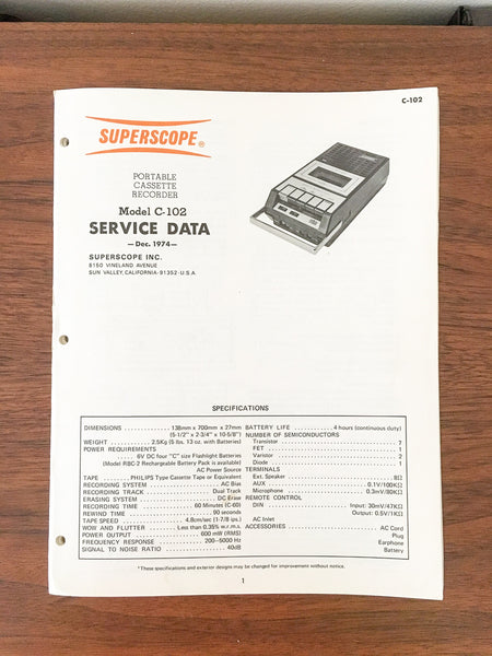 Superscope / Marantz C-102 Cassette Service Manual *Original*