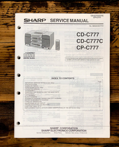 Sharp CD-C777 CD-C777C CP-C777 Stereo Service Manual *Original*