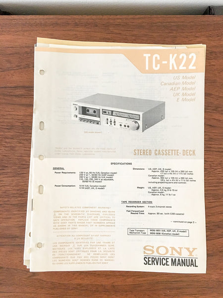 Sony TC-K22 Cassette Service Manual *Original*