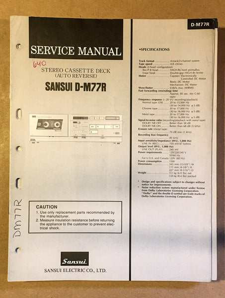 Sansui D-M77R Cassette / Tape Player Service Manual *Original*