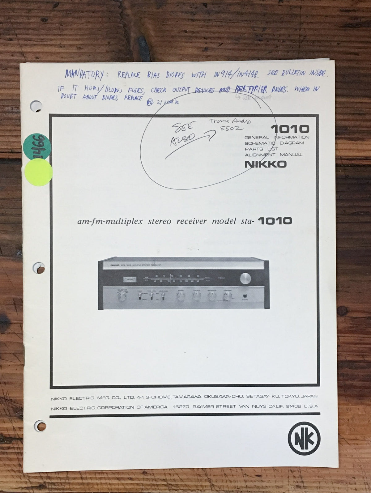Nikko STA-1010 Receiver  Service Manual *Original*
