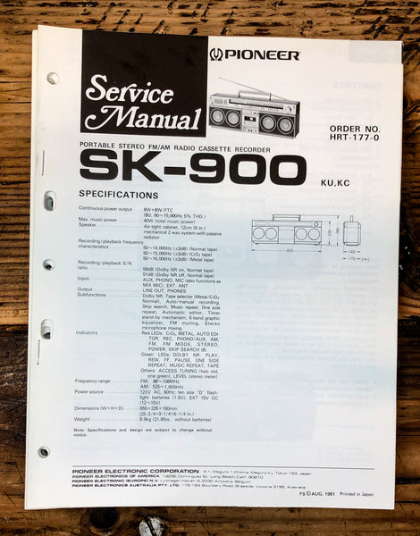 Pioneer SK-900 Radio  Service Manual *Original*