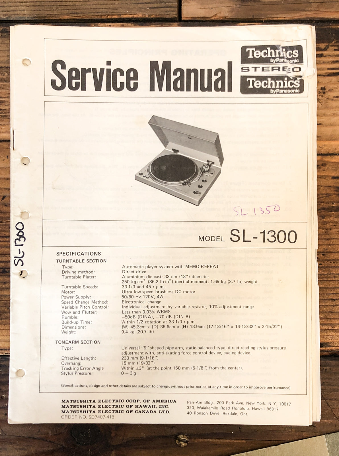 Technics SL-1300 Record Player / Turntable  Service Manual *Original*