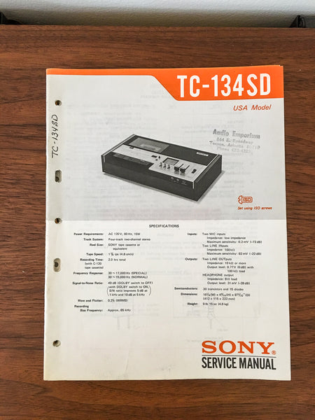 Sony TC-134SD Tape Recorder Service Manual *Original*