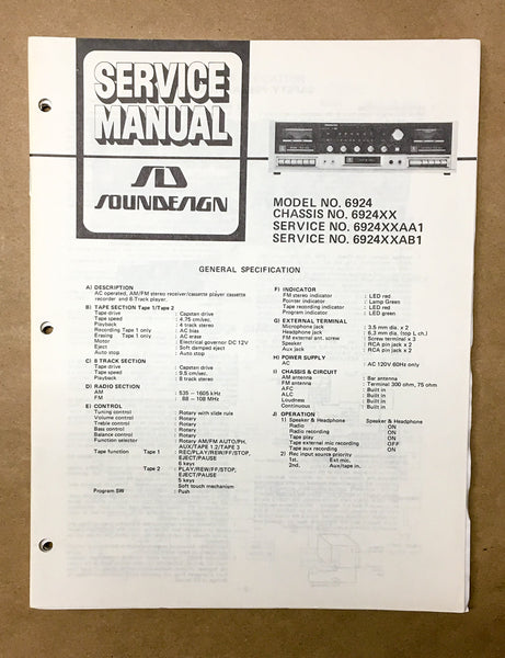 Soundesign Model 6924 Stereo Service Manual *Original*