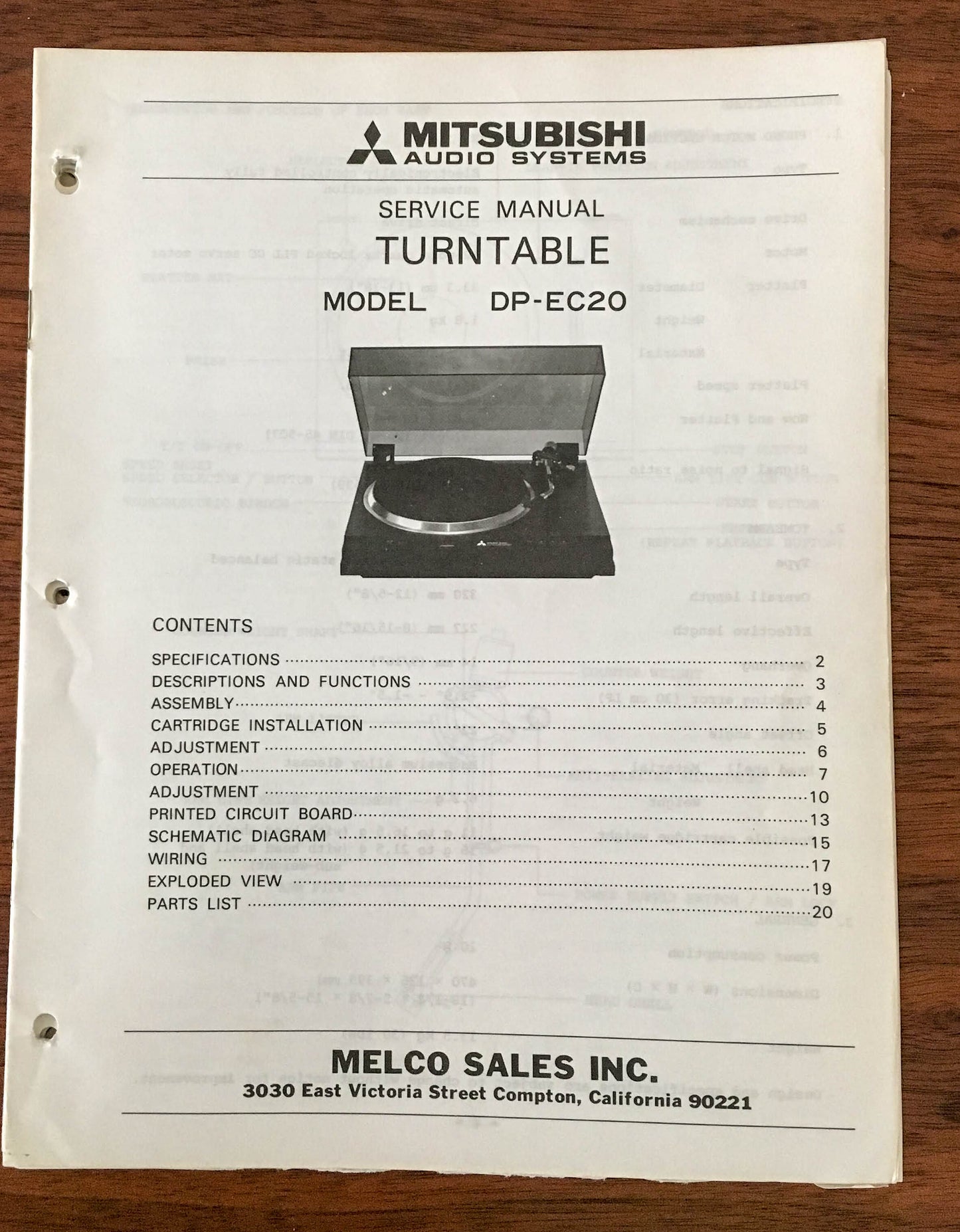 Mitsubishi DP-EC20 Record Player / Turntable Service Manual *Original*