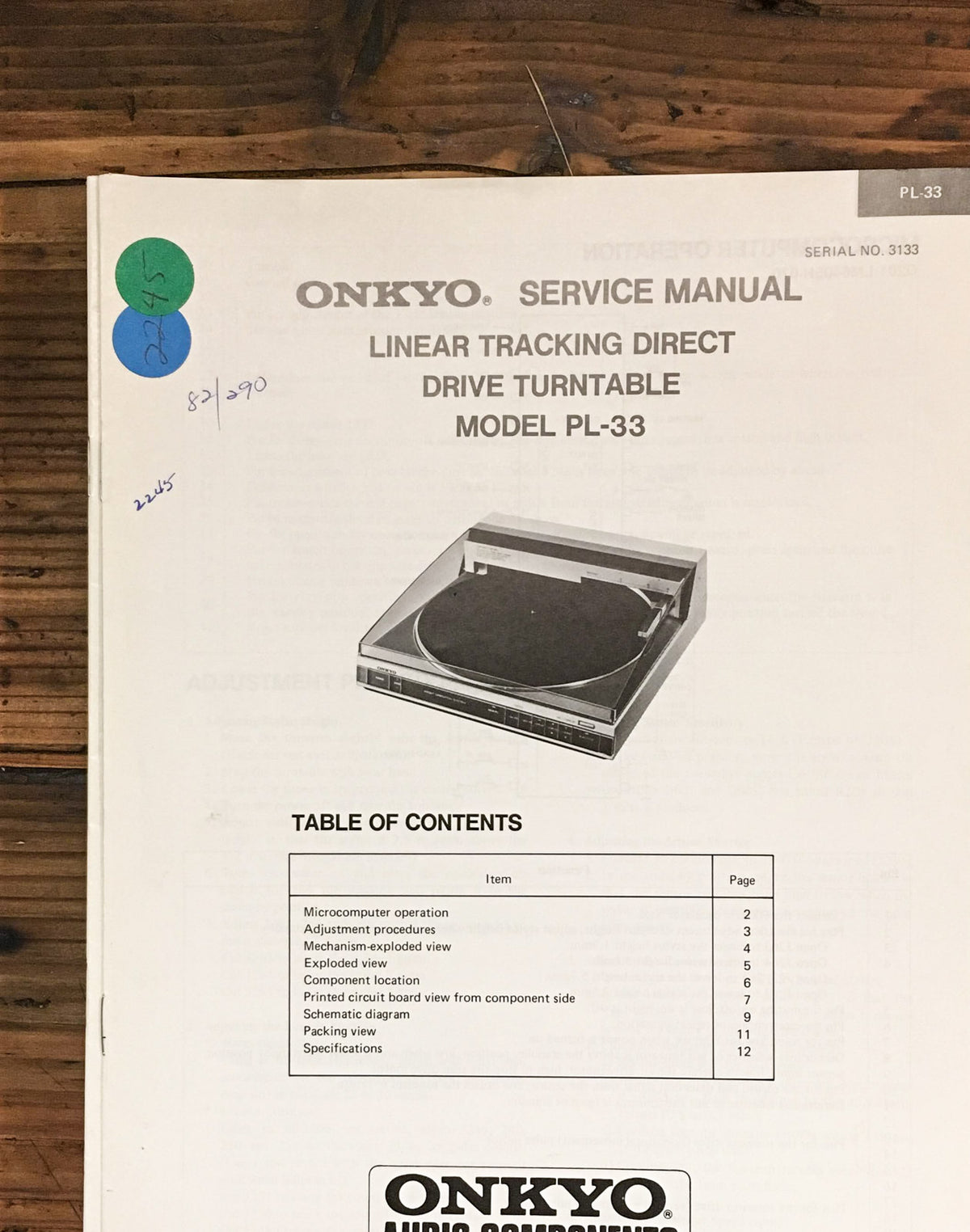 Onkyo PL-33 Record Player / Turntable  Service Manual *Original*
