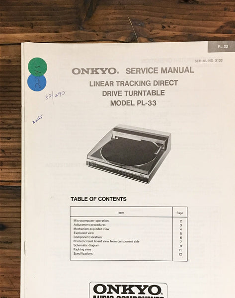 Onkyo PL-33 Record Player / Turntable  Service Manual *Original*