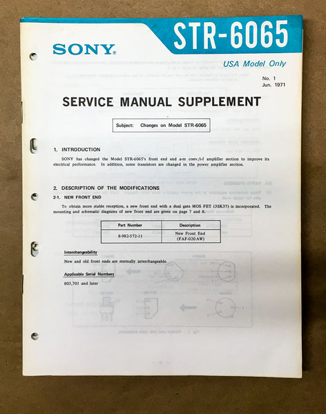 Sony STR-6065 Receiver Service Manual Supplement *Original*