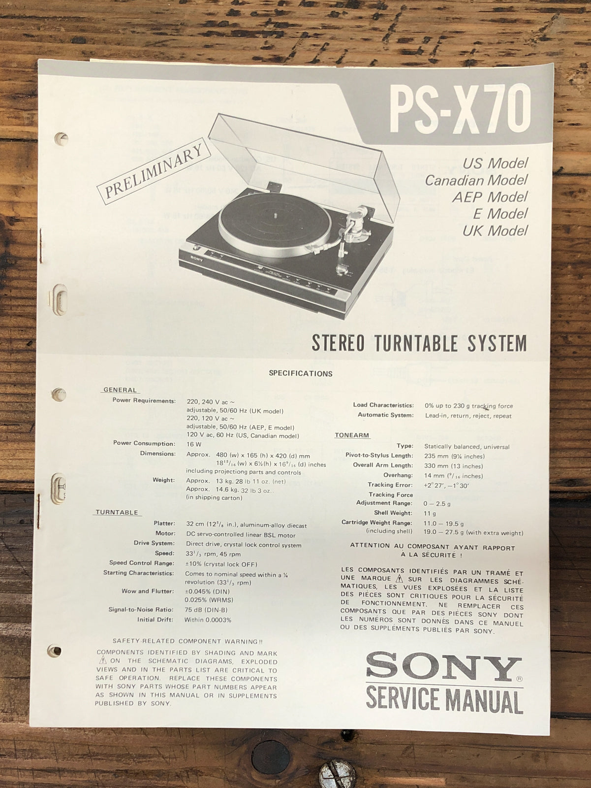 Sony PS-X70 Record Player / Turntable Prelim. Service Manual *Original*