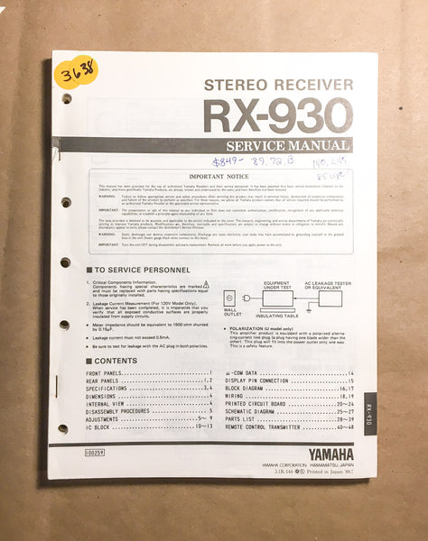 Yamaha RX-930 Receiver  Service Manual *Original*