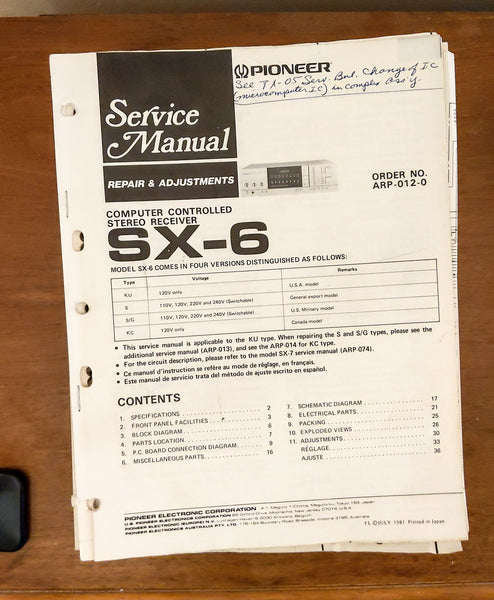 Pioneer SX-6 Receiver Service Manual *Original*