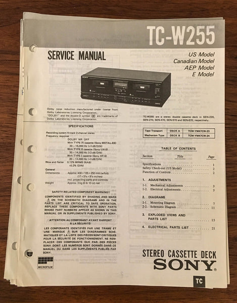 Sony TC-W255 CASSETTE Service Manual *Original*