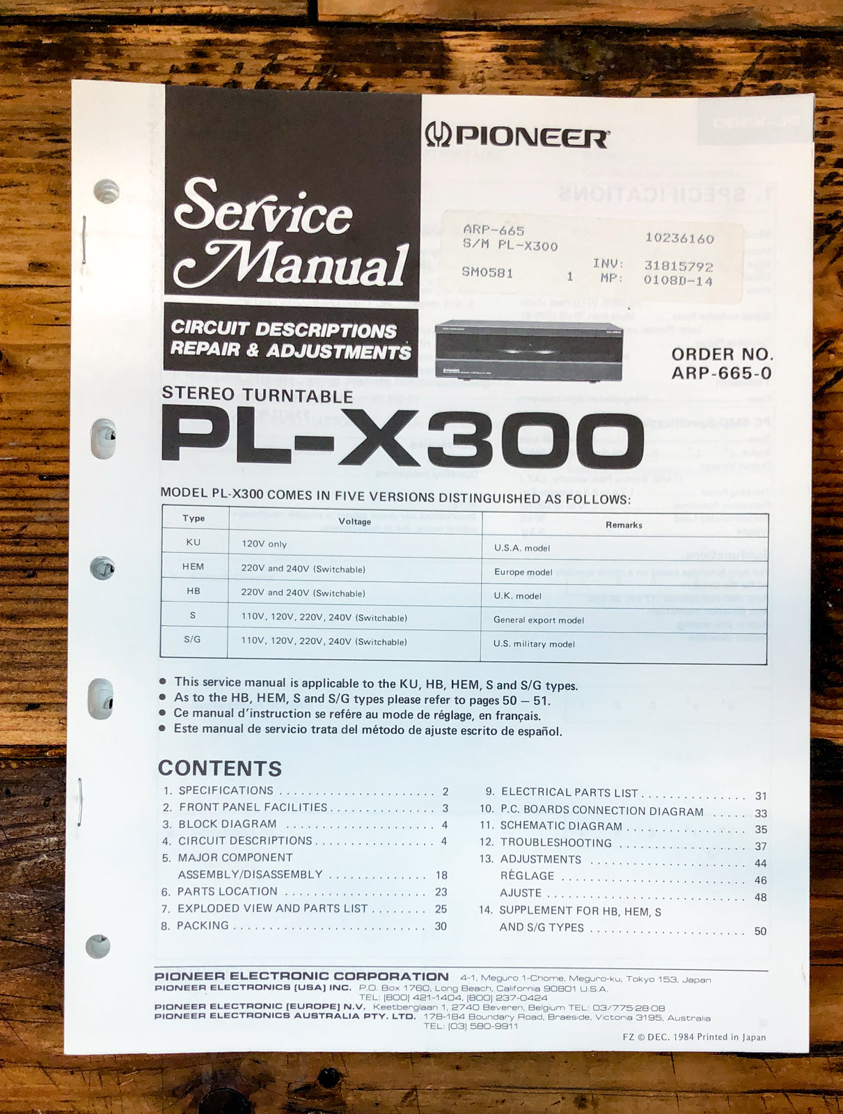 Pioneer PL-X300 Record Player / Turntable  Service Manual *Original*