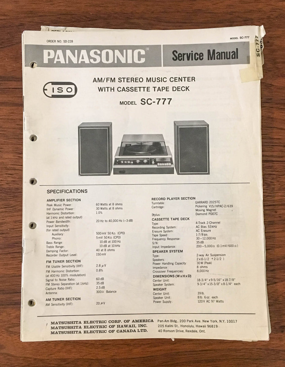 Panasonic SC-777 Stereo Service Manual *Original* – Vintage Audio Store ...