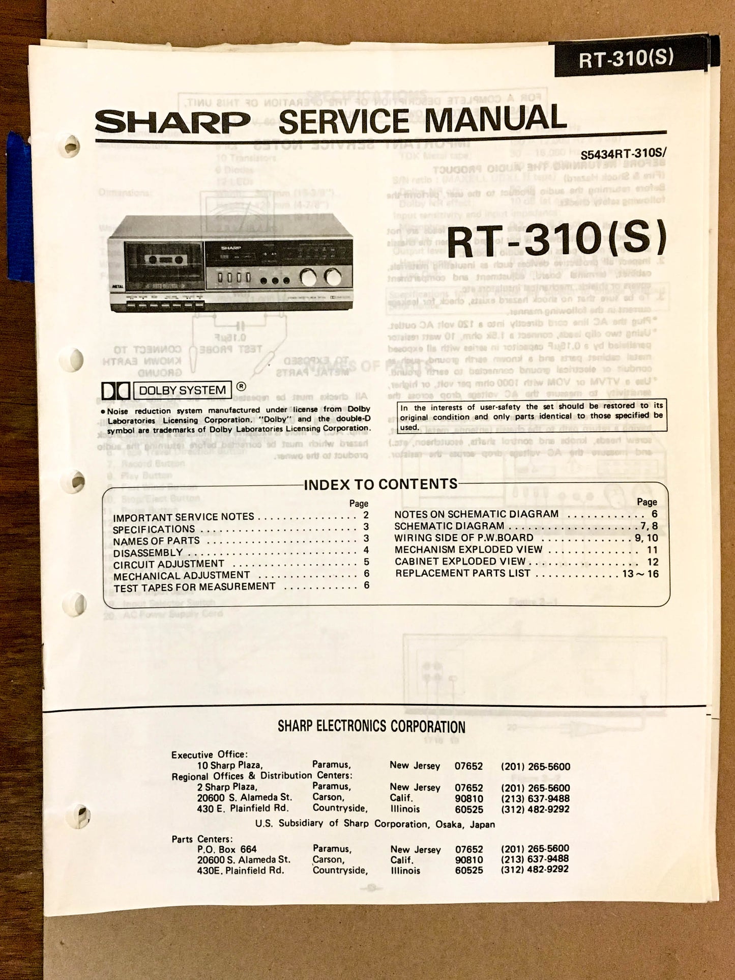 Sharp RT-310 Cassette Deck  Service Manual *Original*
