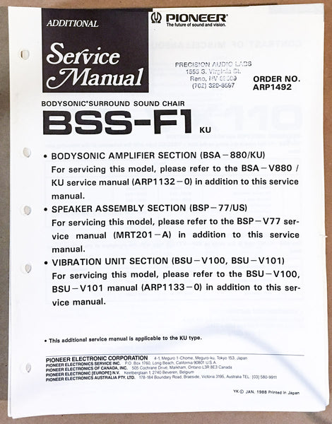 Pioneer BSS-F1 SURROUND SOUND CHAIR Service Manual *Original*