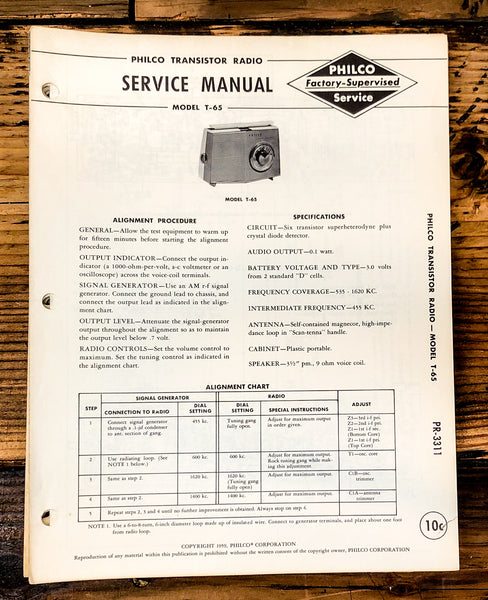 Philco Ford T-65 T65 Radio Service Manual *Original*