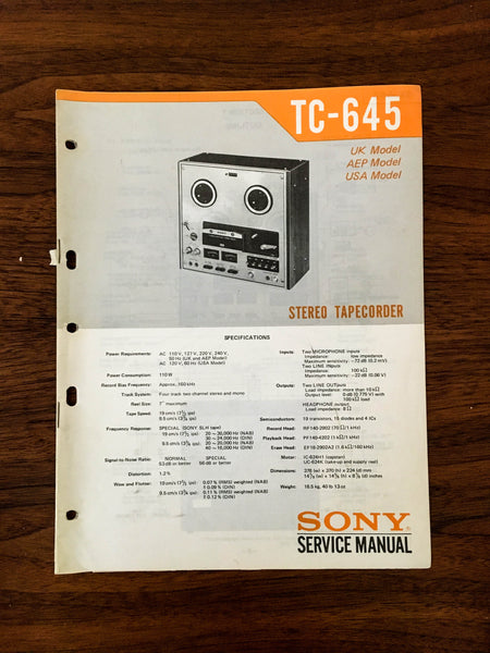 Sony TC-645 Reel to Reel Service Manual *Original*