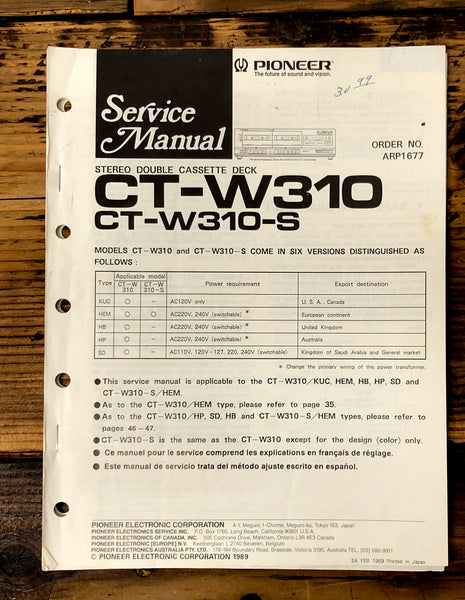 Pioneer CT-W310 CT-W310S Cassette  Service Manual *Original*