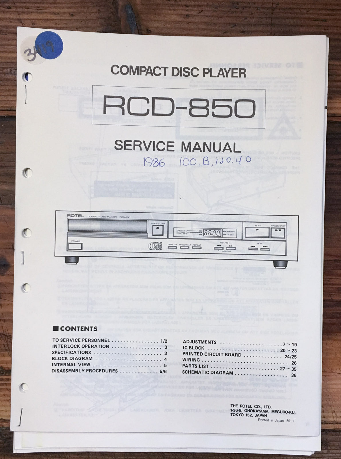 Rotel RCD-850 CD Player  Service Manual *Original*
