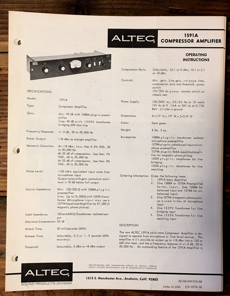 Altec Model 1591A Compressor Owner / Operating Manual *Original* #2