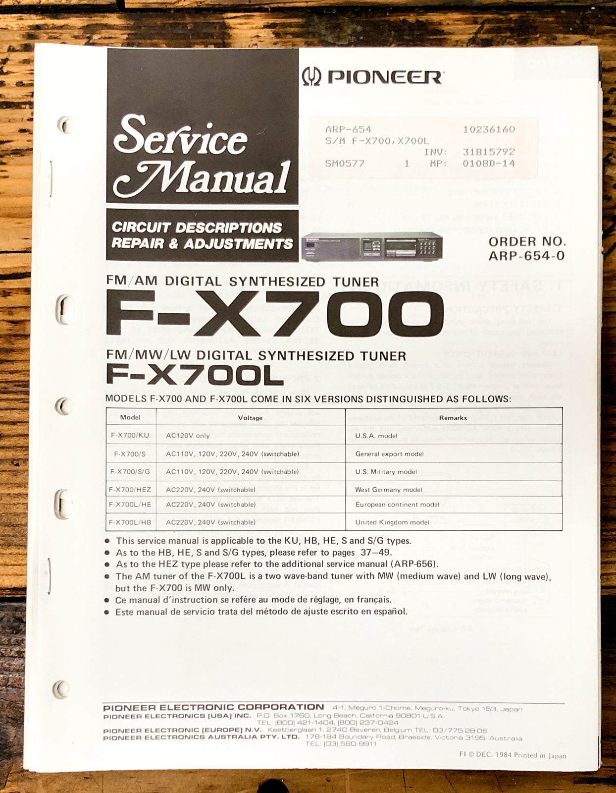 Pioneer F-X700 F-X700L Tuner Service Manual *Original*
