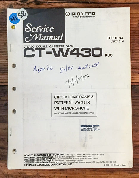 Pioneer CT-W430 Cassette Deck  Service Manual *Original*