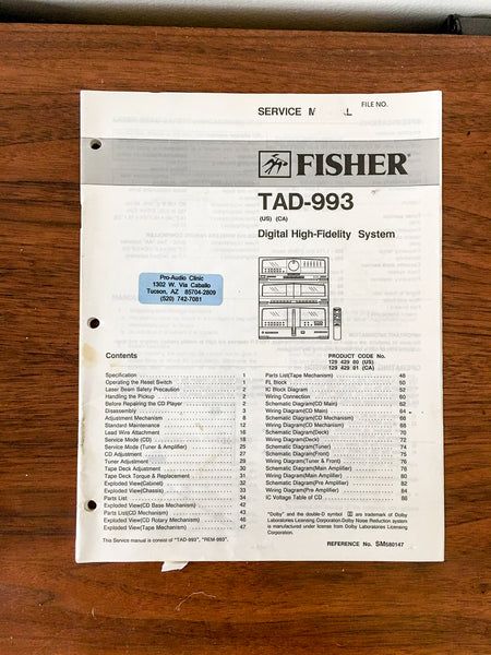 Fisher TAD-993 Stereo Service Manual *Original*